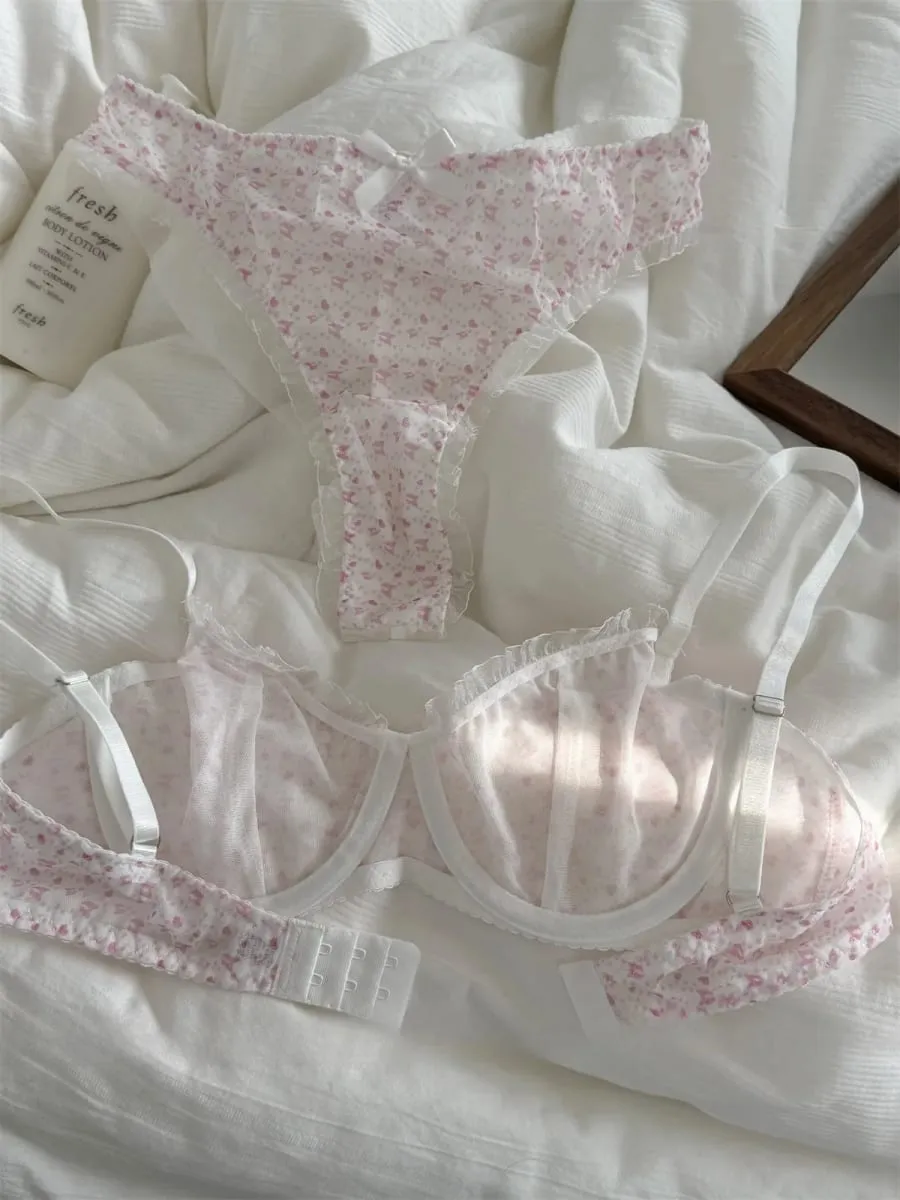 Mesh embroidery underwear thin breathable top support large breasts show small bra set women push up lingerie