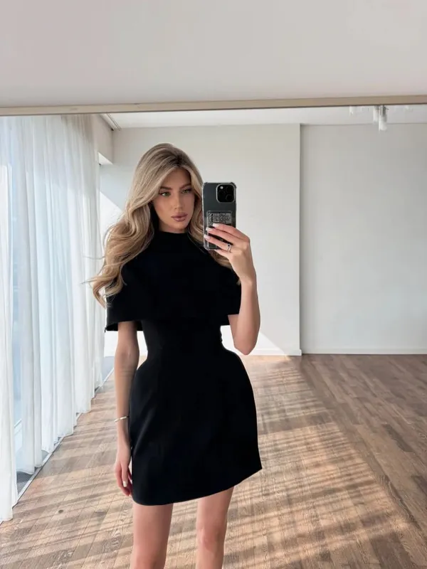 Solid Elegant Shawl Mini Dress Women Fashion Round Neck Waist Cinching Slim Short Dresses Lady Daily Evening Dinner Vestidos