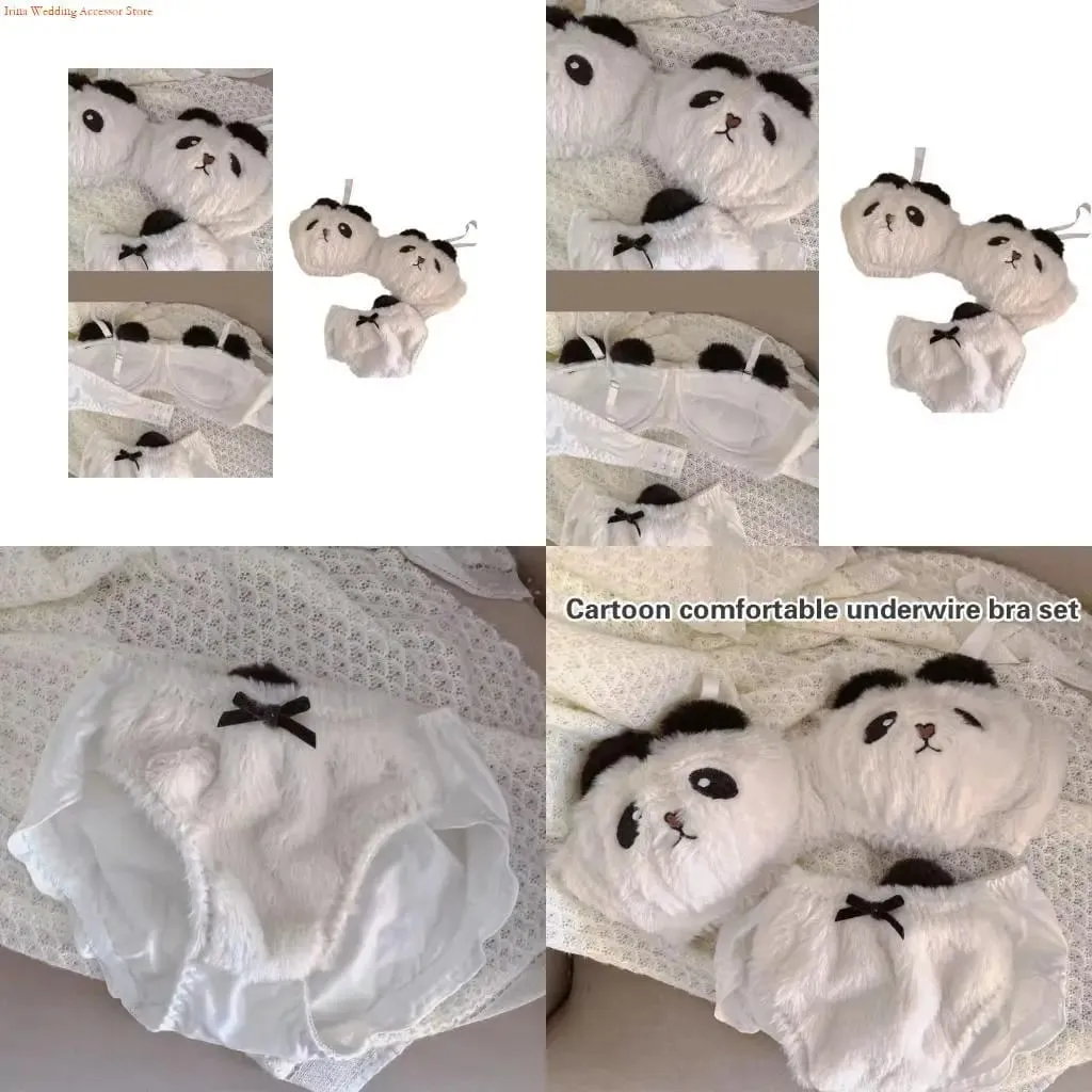 G92D Womens Japanese Cartoon Panda 2Pcs Plush Bra and Panty Set Furry Wireless Bralette Underwear Cosplay Anime Lingerie