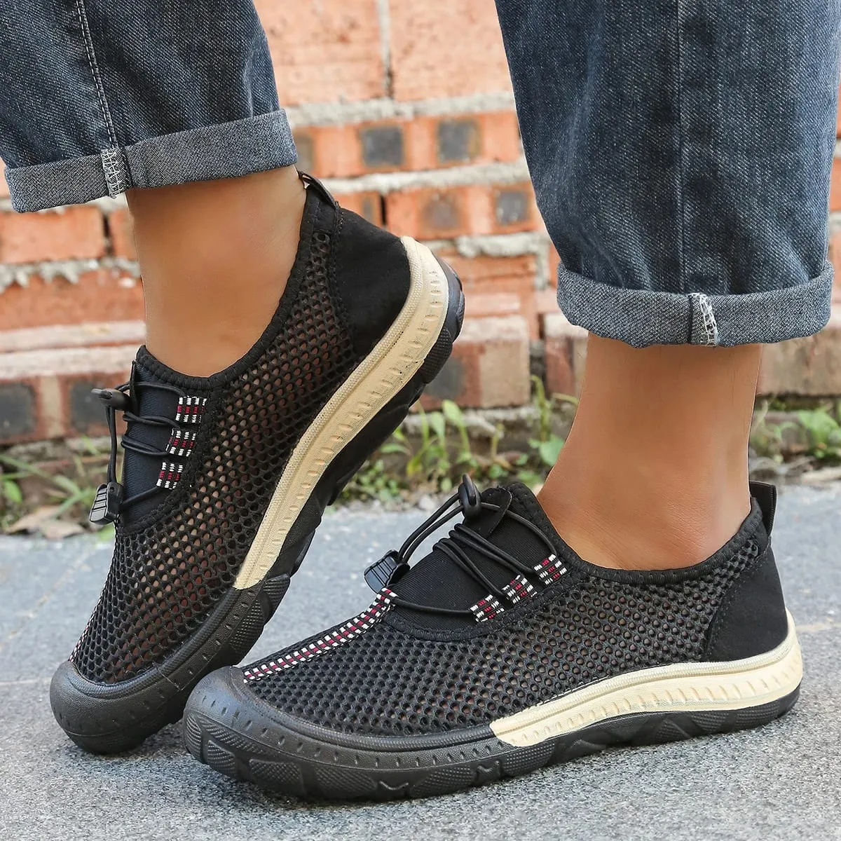 Men's Hollow Mesh Quick Toggle Lace Walking Trainers Striped Stitching Trim Wrapped Thick Rubber Toe Cap Outdoor Casual Shoes