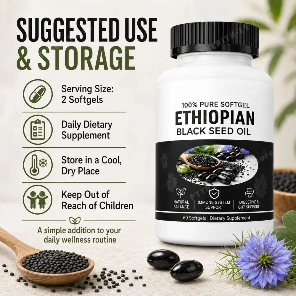 Ethiopian Black Seed Oil Softgels 800mg Cold Pressed Nigella Sativa Immune Digestive Gut Support Supplement 60 Count Non-GMO