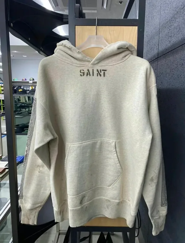 26FW SAINT x Ber B J Co-brand Big Logo Printed Women Men Washed Hooded Sweatshirt Hoodies Vintage Distressed Men Casual Hoodie