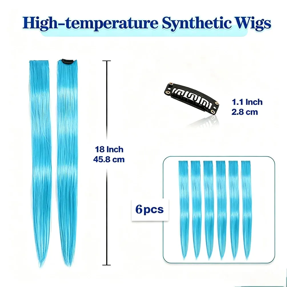 6 Pcs Synthetic Bright Cyan Clip In Hair Extensions Straight Colored Highlight Hair Streaks Heat Resistant Synthetic Fiber