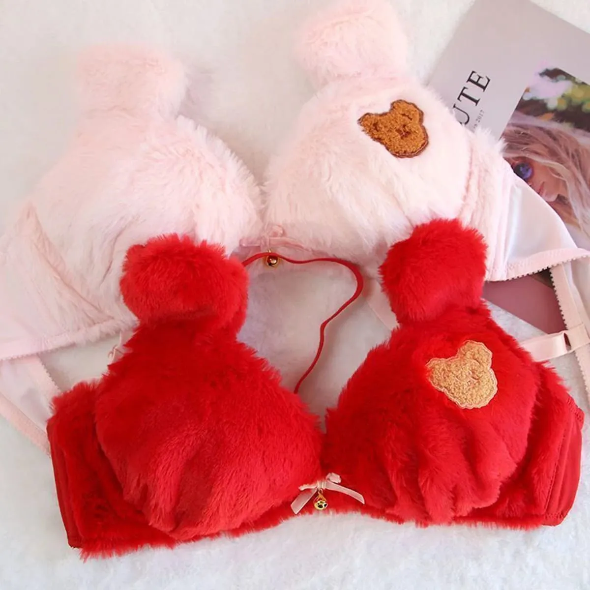 Winter Cute Cartoon Bear Embroidery Sweet Lingerie Bras Underpants Underwear Two Piece Sets Sweet Plush Set Sexy Girlfriend Gift