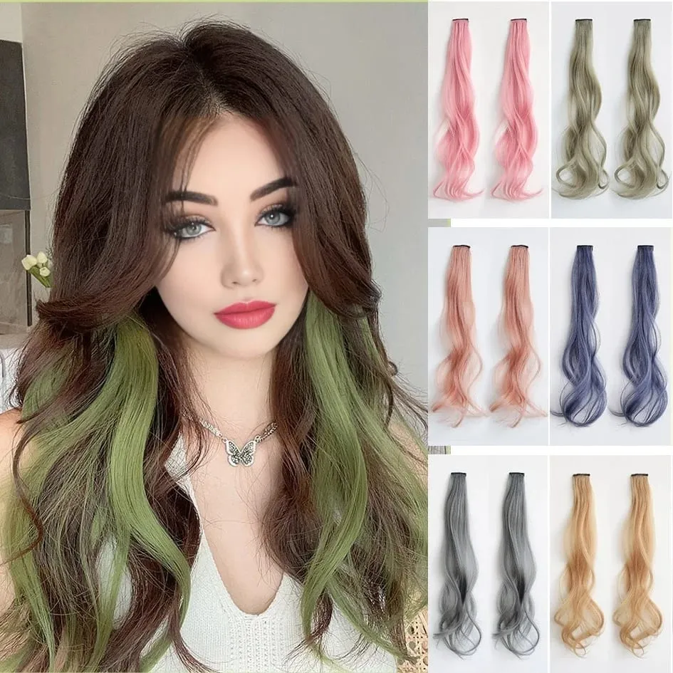 Synthetic 2 Pieces Set 50cm 60cm Colored Curly Hair Extensions Water Wave Pink Blue Purple Halloween Christmas Wig