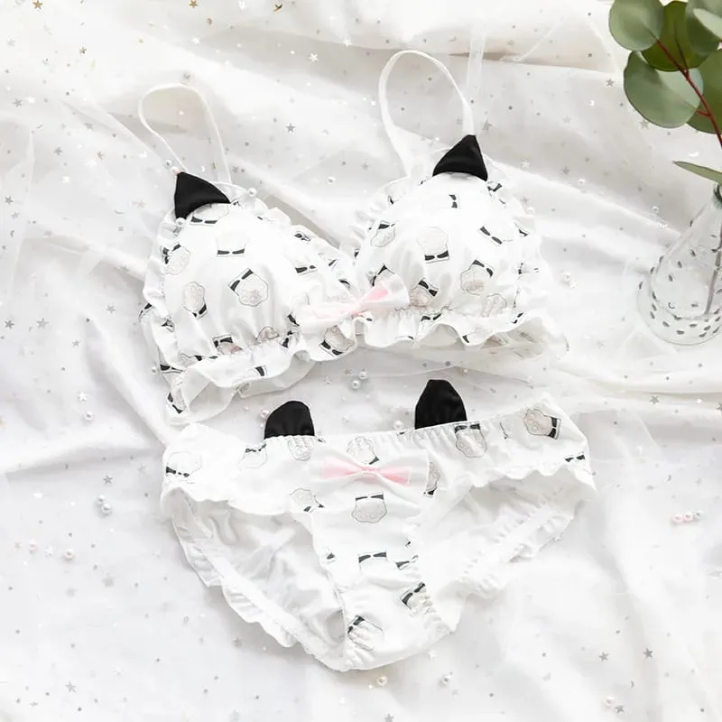 Conjunto de sutiã japonês macio para meninas, design de pata de gatinho fofo, tecido de seda de leite, copo triangular sem fio, lingerie feminina