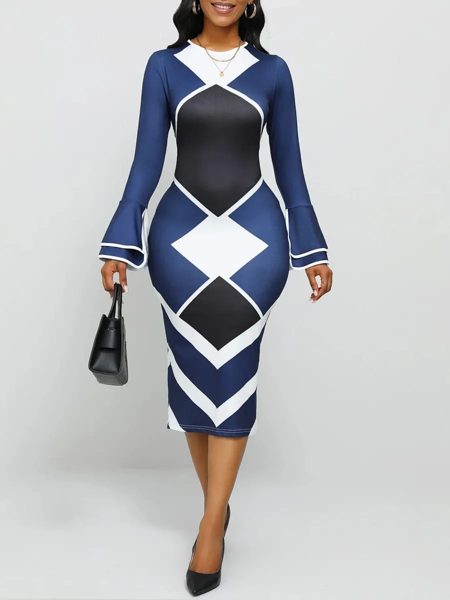 Naval Blue Geometric Print Slim Fit round Neck Dress with Flared Sleeves And Side Slit Long Skirt