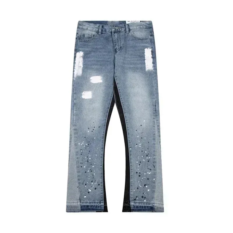 American Streetwear Splashed Ink Patchwork Baggy Jeans Men Women Clothing Tie Dye Trendy Pants Straight Slim Micro-flard Pants — image 2
