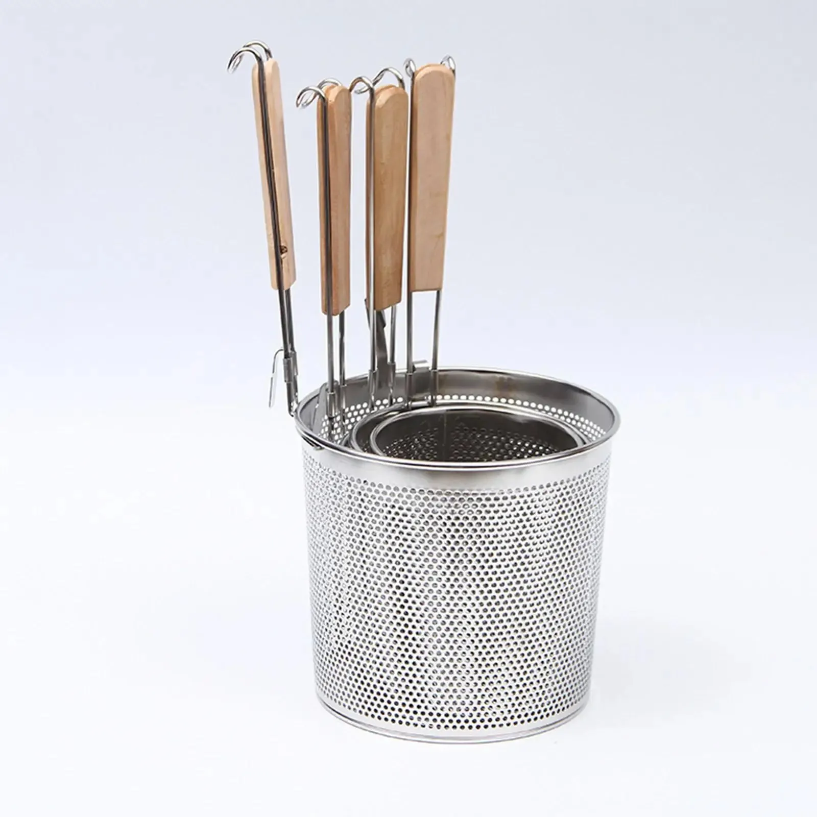 Stainless Steel Pasta Strainer Frying Serving Basket with Wood Handle for Onion