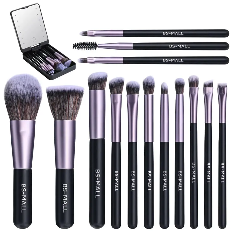 14-teiliges Make-up-Pinsel-Set mit beleuchtetem Spiegel, tragbares Make-up-Pinsel-Set mit kurzem Griff und LED-Licht, wiederaufladbar über USB