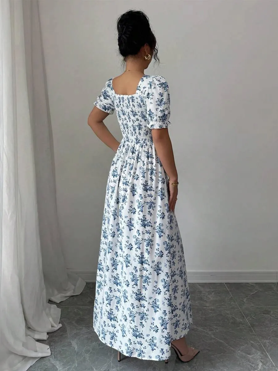 Women's Summer Elegant Casual Puff Sleeve Square Neck White & Blue Floral Print Maxi Dress Luxury Designer dresses