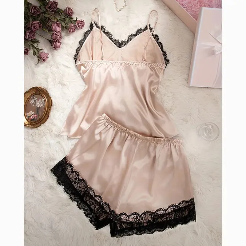 Silky Bra Shorts Pajamas Set Solid Summer Lingerie Women Intimacy Sets Comfortable Seamless Bras Underwear Satin Home Apparel