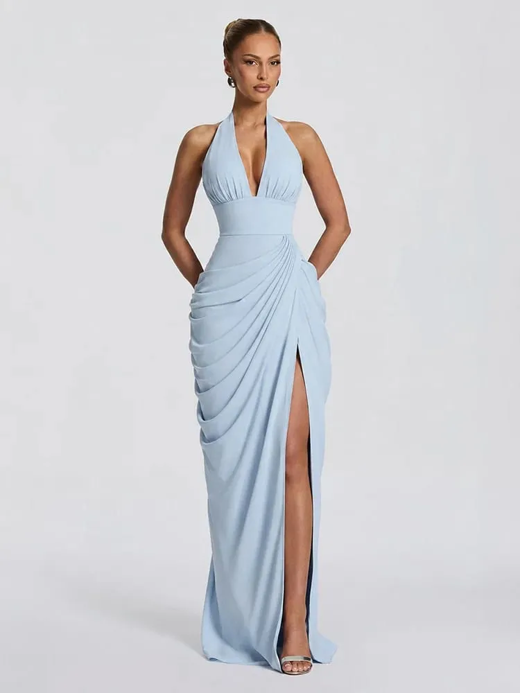 Sexy Solid Pleated Halter Women's Dress Fashion Sleeveless Backless Waist-cinching Split Maxi Dresses 2026 Summer Party Gowns — image 5