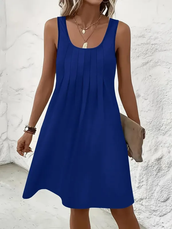 2026 New Casual Women Tank Dresses U Neck Front Pleated Loose Swing Mini Dress Solid Color Soft Summer Beach Daily Wear Robes