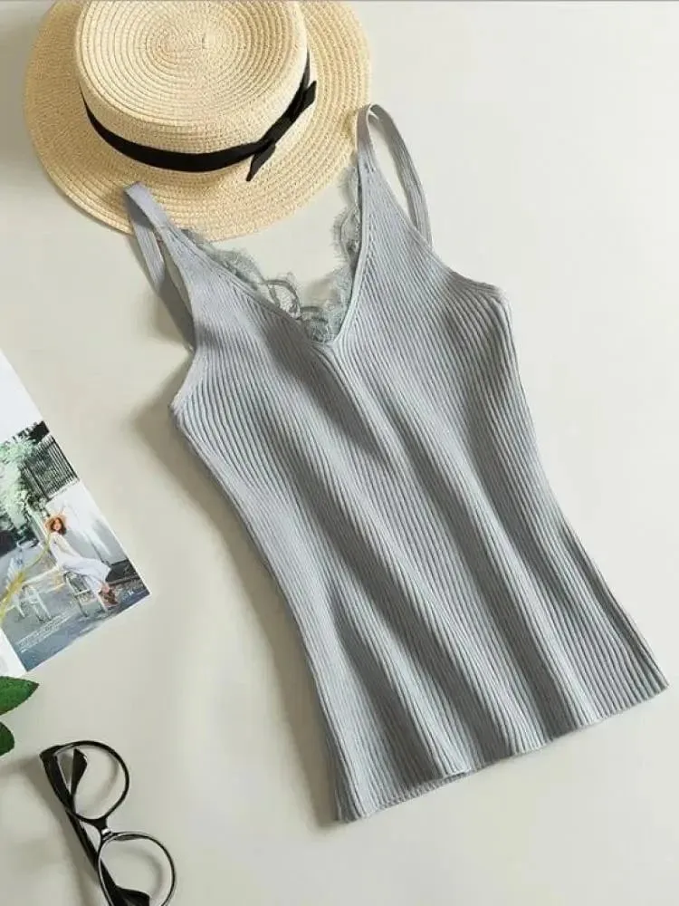 2026 Summer Casual Tops Solid Stitching V-neck Camis Women Hook Flower Lace Tank Female Knitted Short Slim Sleeveless Shirt — image 5