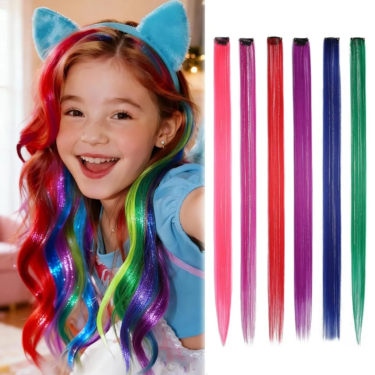 Synthetic Clip in Hair Extensions for Girls 22 inch Multi-colors 6pcs/pack Rainbow Straight Hair Synthetic Hairpieces