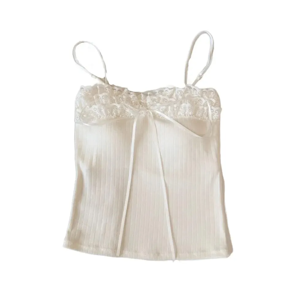 Korean Style Bow Slim Lace Crop Top Sweet Summer Girl's Vest Top Bottoming Shirt Spice Girls Style Camisole with Pads Lady