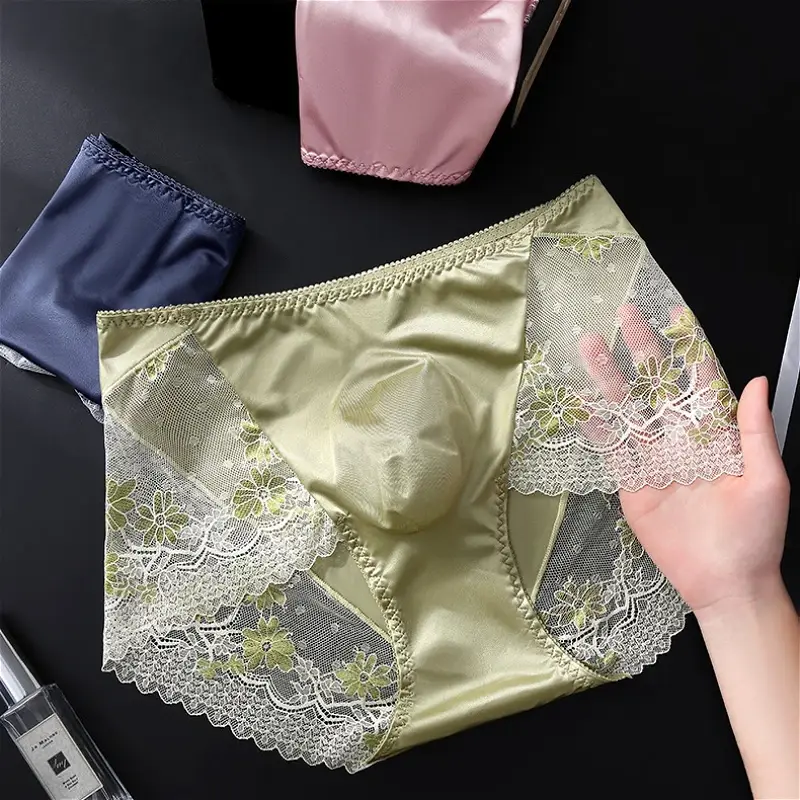 Satin Ice Silk Briefs Mens Lace 3D U Pouch Underwear Sexy Floral Man Panties Breathable Low Waist Shorts Convex Pouch Underpants
