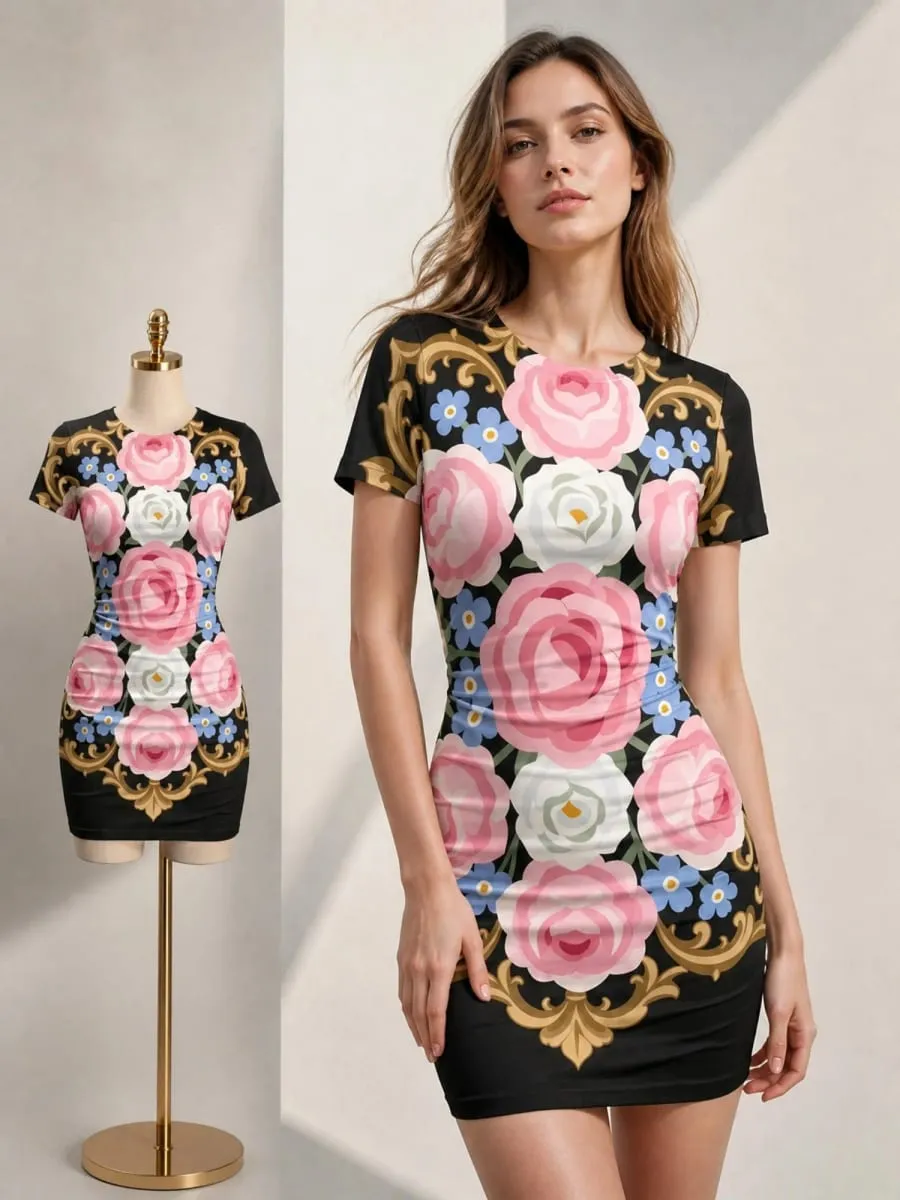 Womens Short Sleeve Bodycon Mini Dress Slim Fit Crew Neck Floral Print Casual Summer Party Cute Elegant Smooth Vacation Sundress — image 2