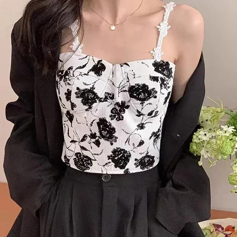 Women Sweet Elastic Camis Underwear Padded Bra Spaghetti Cute Crop Tops Print Tank Tops For Women Summer
