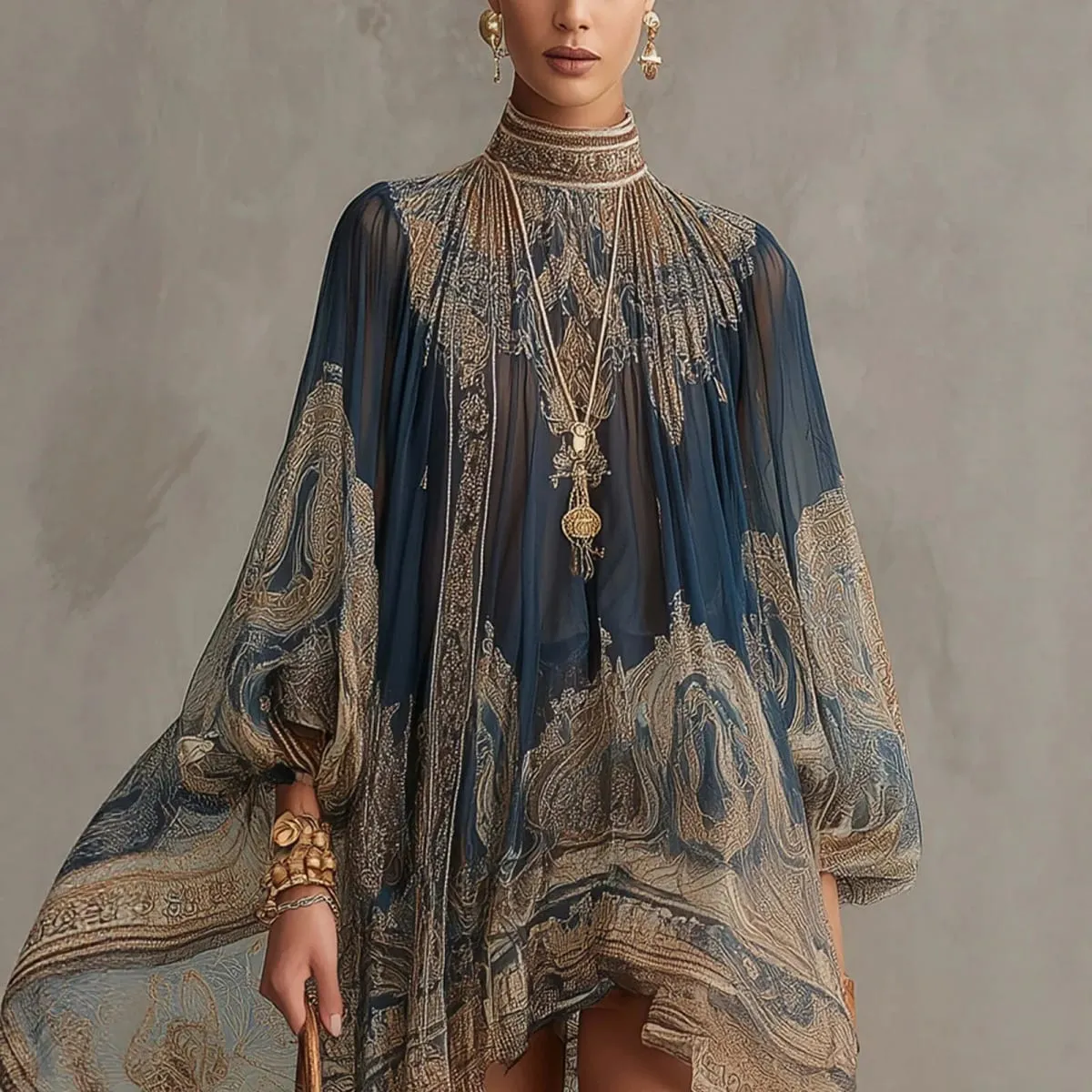 2026 New European and American Turtleneck Printed Chiffon Dress Loose Vacation Style Shawl Long-Sleeved Women's Dress