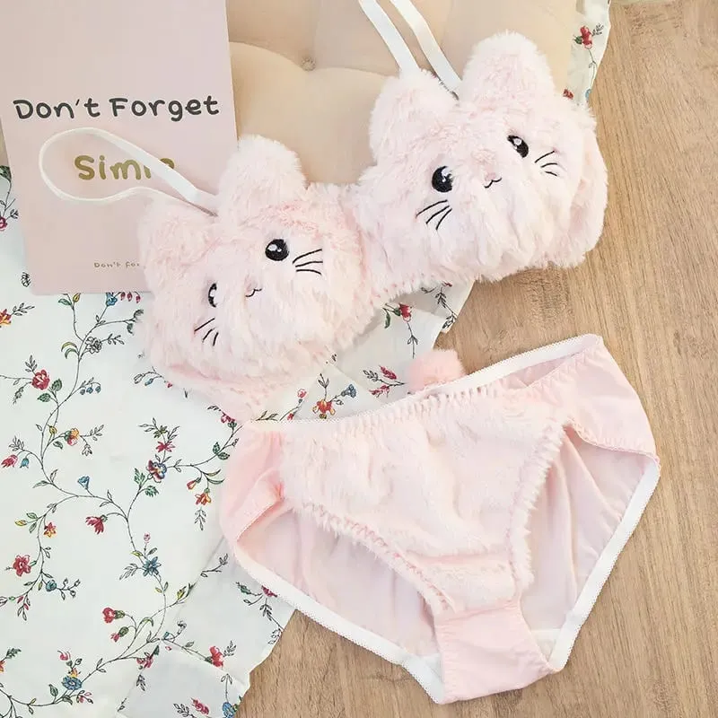 Japanse Kawaii Pluche Vrouwen Bh Set Schattig Meisje Kat Comfortabele Bh Set Cartoon Ondergoed Mooie Zachte Student Lingerie