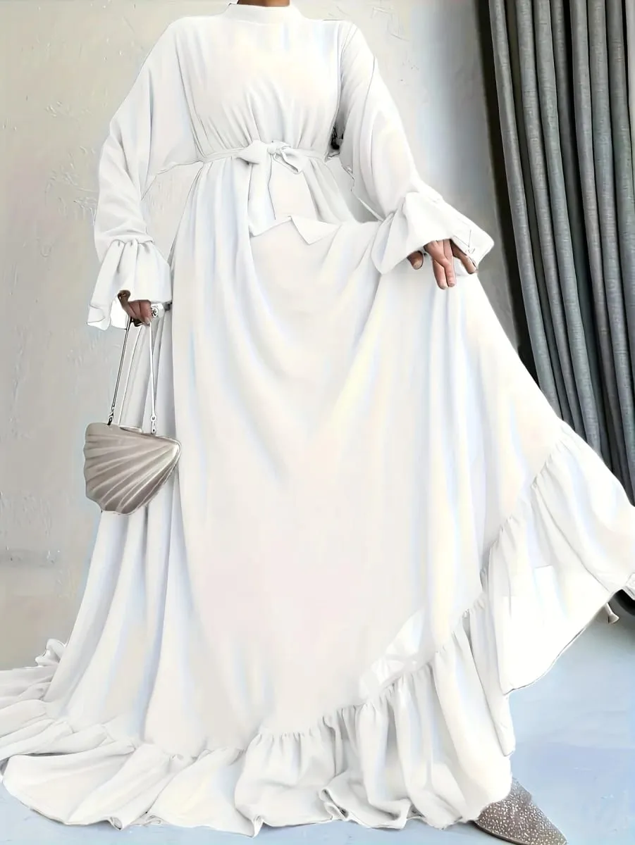 Elegant Solid Color Long Sleeve Dress Casual Loose Strap round Neck Flared Skirt Patchwork Pleated Gown for Women