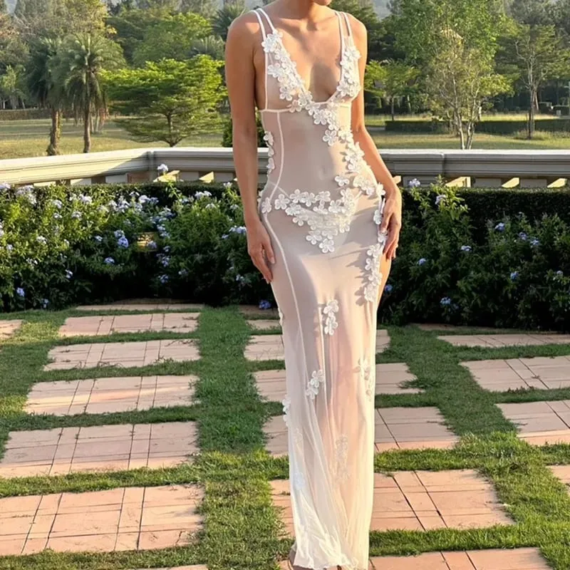 ผู้หญิงเซ็กซี่ Party Night Backless V คอแยกค็อกเทลชุด 90s Vintage Floral Sheer ตาข่ายชุดยาว Chic Boho beach Cover-ups