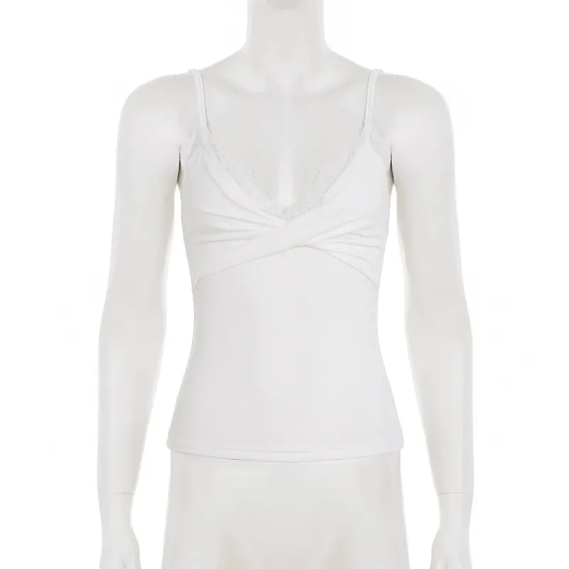 Coquette Lace V Neck Twist Front Cami Top Spaghetti Strap Slim Camisole Y2K Daily Sleeveless Tank Top Casual Summer New