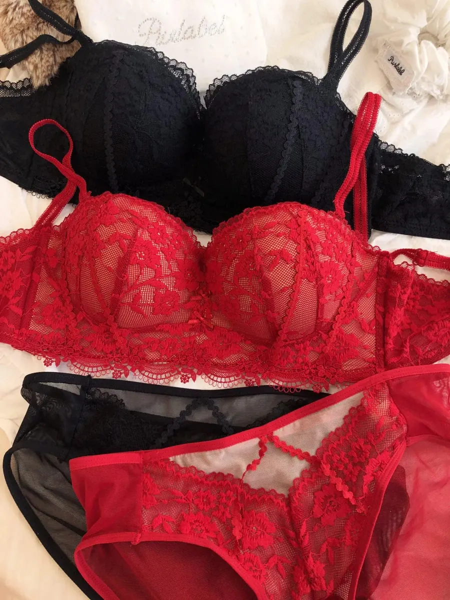 Sexy Lace Flowers Embroidery Underwear Set for Women Comfort Thicken Cup Push Up Bra Detachable Strap Top Bralette Lingerie Sets