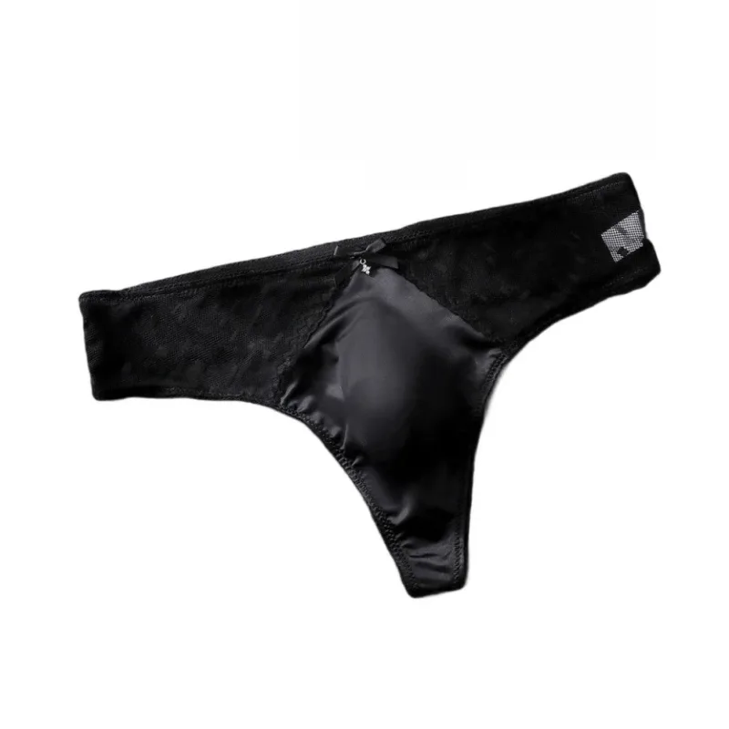 Men's Thong Underwear Made of 81.7% Polyester 18.3% Spandex Ice Silk Blend with Lace Trim and 3D Bulge Pouch Solid G String