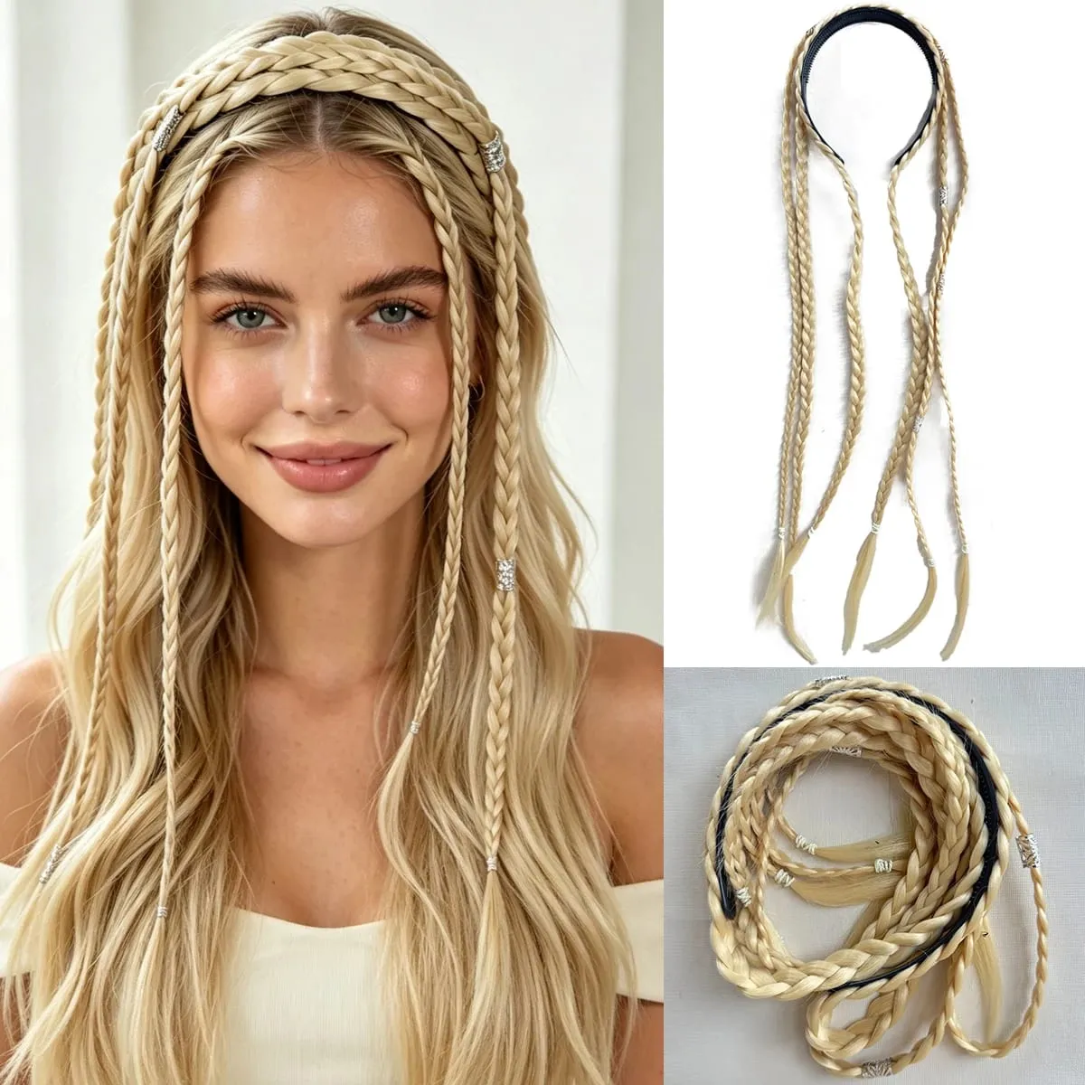 Synthetic Braided Headband Wig Braids Hairband With Decorative Silver Rings Long Box Braid Headband Hairpieces For Women Daily