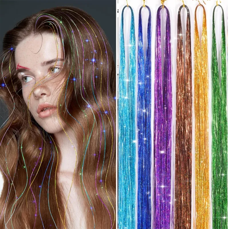 6Pcs/set Sparkle Shiny Hair Tinsel Hair Extensions Dazzles Women Hippie for Braiding Headdress Hair Braiding Tools Long 60cm