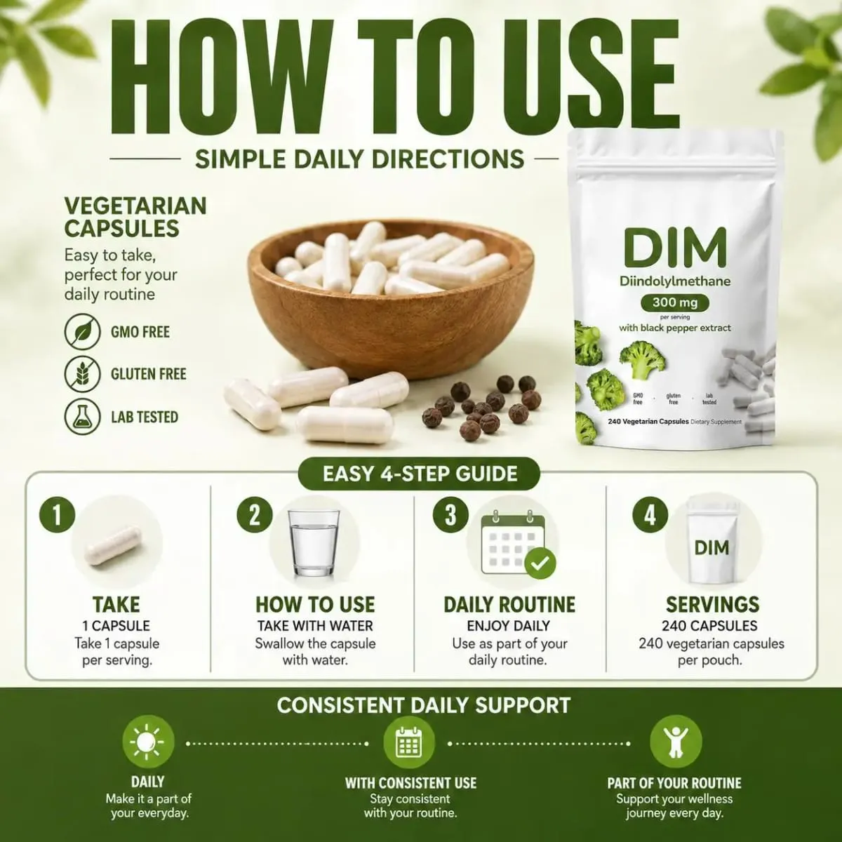 DIM Diindolylmethane Vegetarian Capsules with Black Pepper Extract GMO Free Gluten Free 240 Capsules