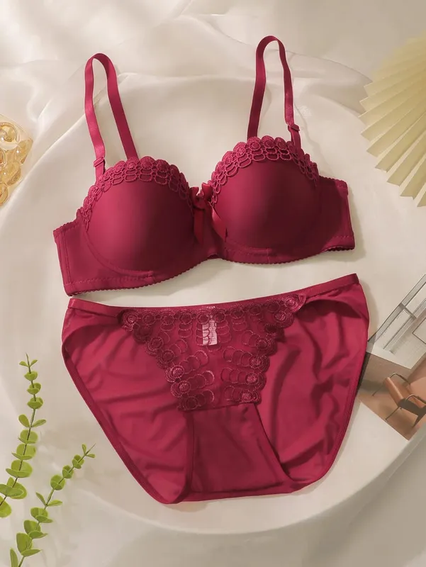 Women's Pink Lace Bra and Panty Set Push Up Underwire Bow Detail Lingerie 2026