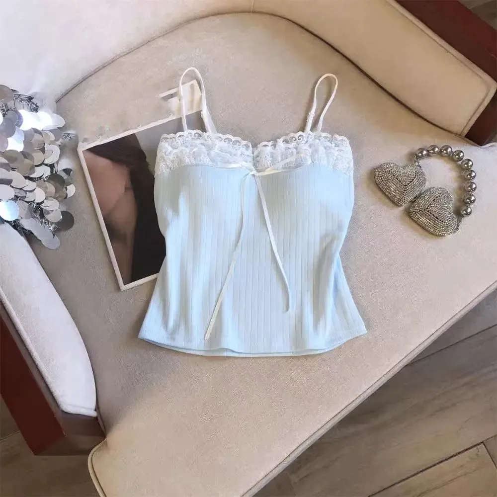 Korean Style Bow Slim Lace Crop Top Sweet Summer Girl's Vest Top Bottoming Shirt Spice Girls Style Camisole with Pads Lady