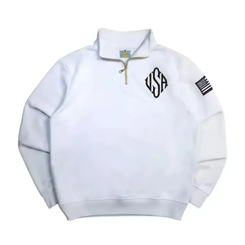 Pitt Y2K Retro Sweatshirt Sleeve Embroidery US Flag Stand Collar Quarterzip Pullover Niche Streetwear Unisex Oversized Tops