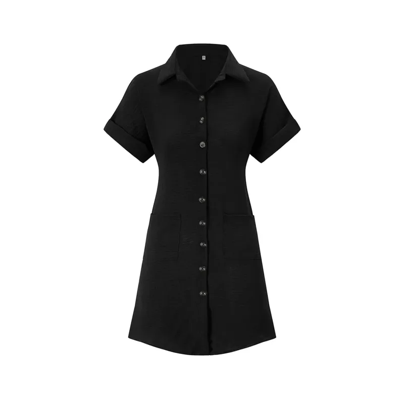 2026 European and American Cross Border Leisure Solid Color Cotton Hemp Buckle Long Short Sleeve Loose Shirt Dress Women's Wear