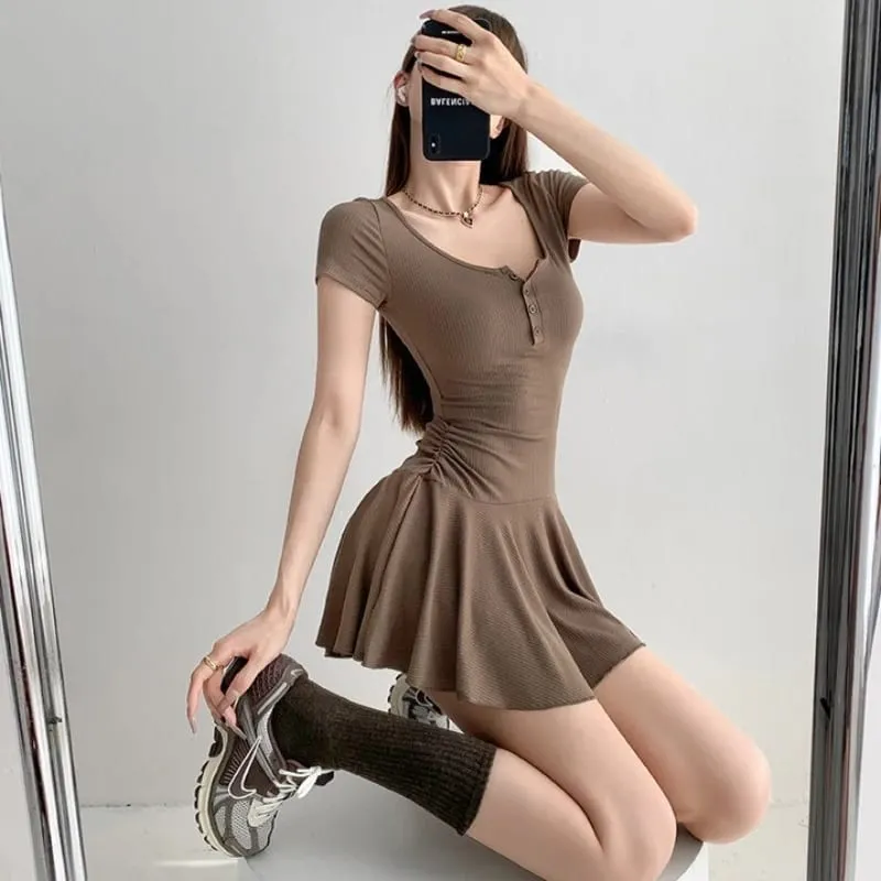 Women's Sexy Gray U-Neck Button Short Sleeve Dress Waist Cinched Sporty A-Line Mini Skirt Flare Age-Reducing Stylish Dress