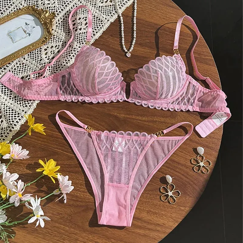 New Lace Transparent Lingerie Set Sexy Hot V Neck Anti Sagging Breathable Bra Panty Ensemble Fashion Daily Women Clothes Supply — image 3