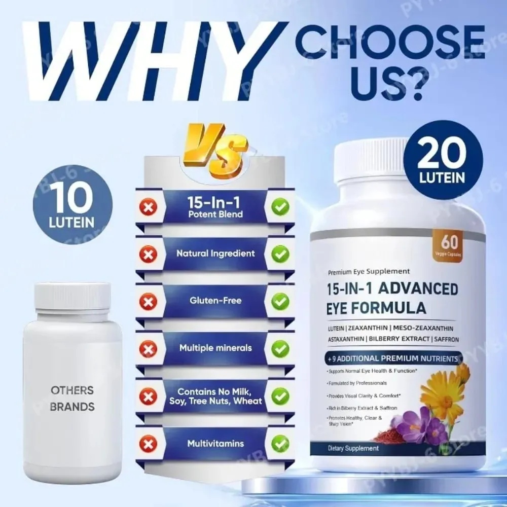 15-in-1 Advanced Eye Formula with Lutein Zeaxanthin Astaxanthin Bilberry & Saffron Visual Comfort Support 60 Capsules