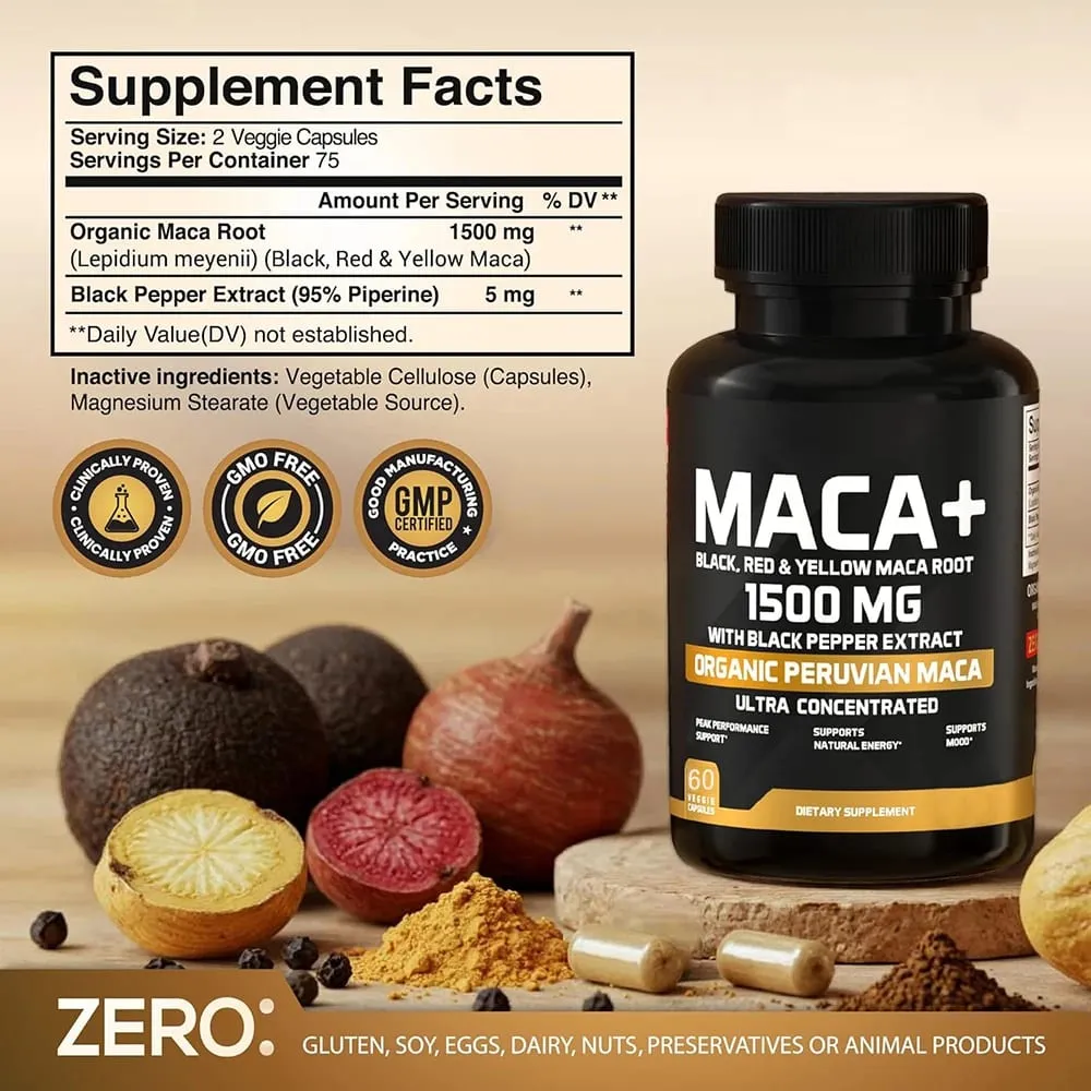 Organic Maca Root Powder Capsules 1500mg with Black+Red+Yellow Peruvian Maca Root Supplement for Men and Women - Vegan Pills — image 2