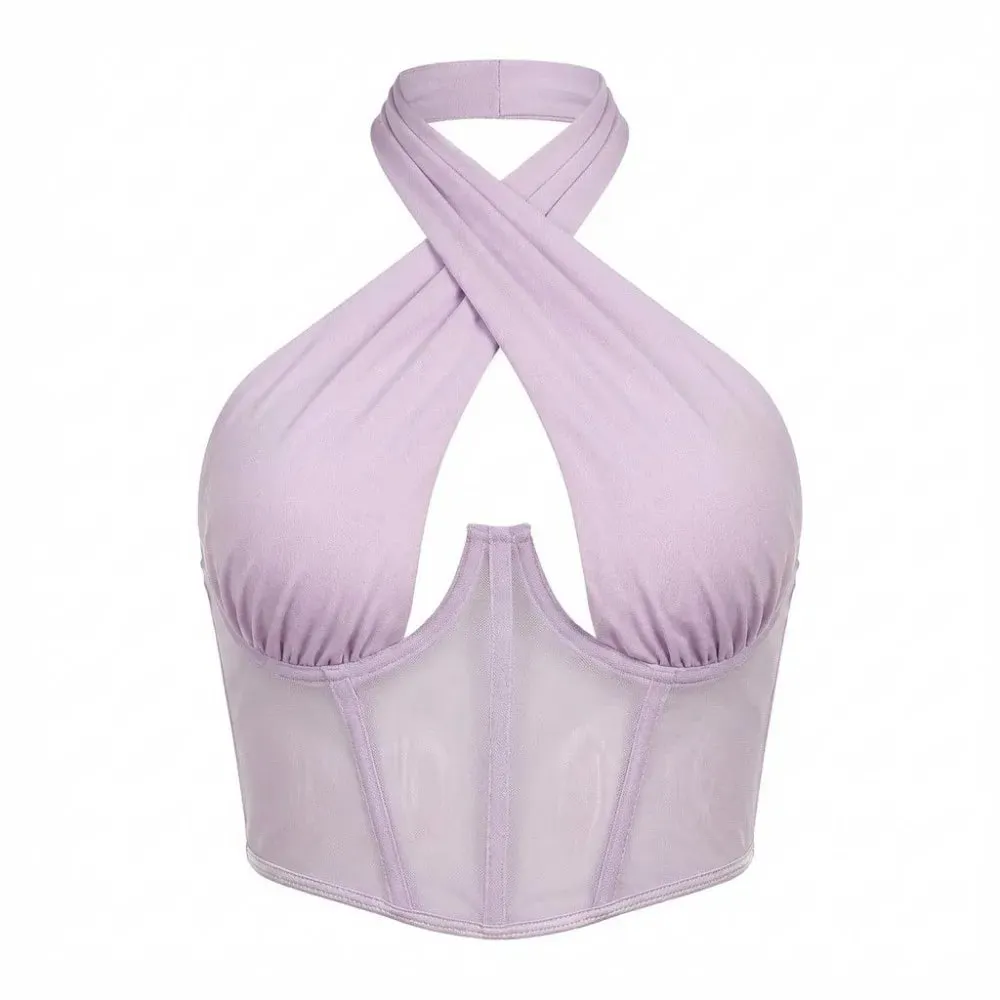 Fashion Solid Color Cross Halter Top Hollow Out Irregular Neckline Sleeveless Top Backless Camisole Summer Clothes — image 8