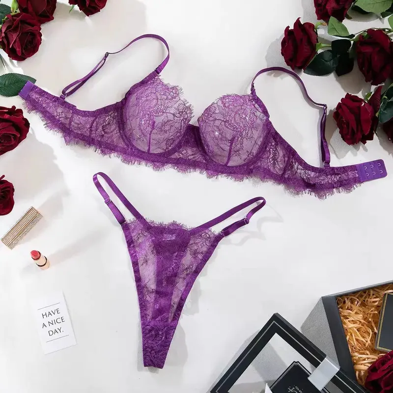 Sheer Lace Lingerie Set Women Floral Pattern Thin Straps Romantic Underwear