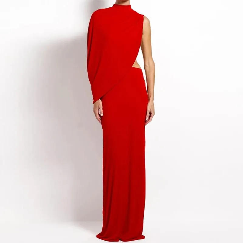Robe Maxi drapée asymétrique rouge, dos nu, asymétrique épaule dénudée, col haut, découpe, moulante, robe de soirée pour femmes, soirée formelle — image 6