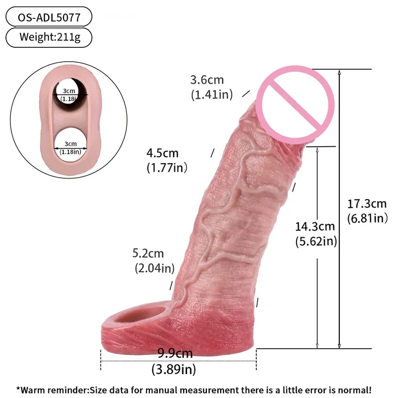7.2in Realistic Penis Sleeve Reusable Penis Sleeve with Cock Ring Silicone Penis Enlarger Sleeve Male Adult Sex Toy for Men