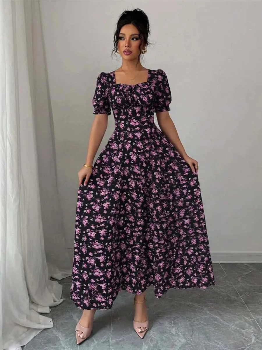 Women's Summer Maxi Dress Elegant Casual Puff Sleeve Square Neck Black Floral Print Long Evening Gown for Women