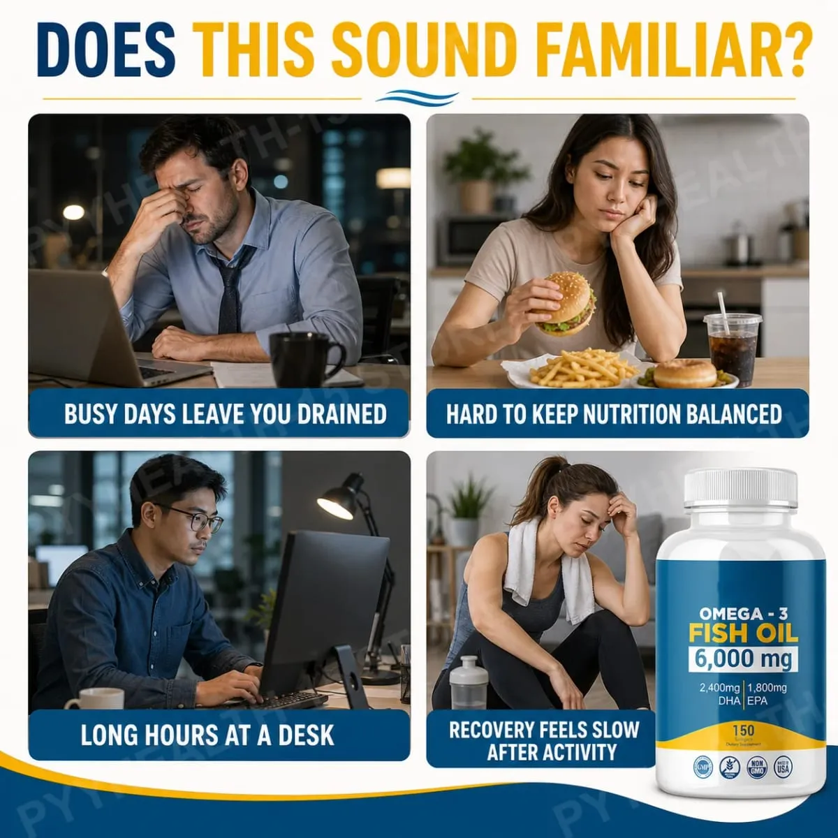 Omega-3 Fish Oil 6000mg Softgels High DHA EPA Formula 2400mg DHA 1800mg EPA Non-GMO 150 Capsules Heart Brain Nutrition Support
