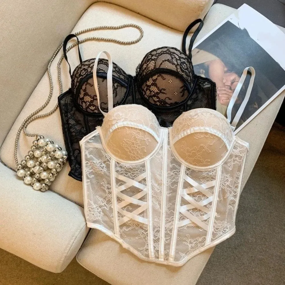 Mesh Flower Lace Corset Bottoming Shirt Spicy Girls Style Slim Lace Crop Top Fishbone Sleeveless Girl's Suspender Vest