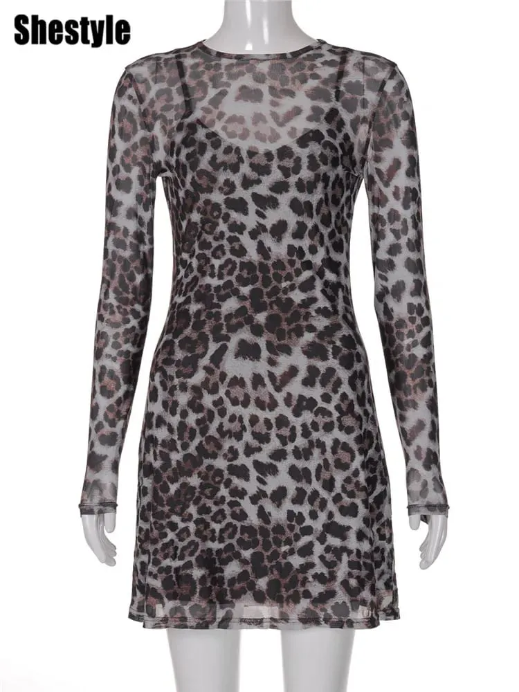 Shestyle Leopard Sexet A-Line Kjole Kvinder Todelt Sæt Mesh Se Gennem Mode Ekstremt Hot High Street Dyreprint Stilfuldt